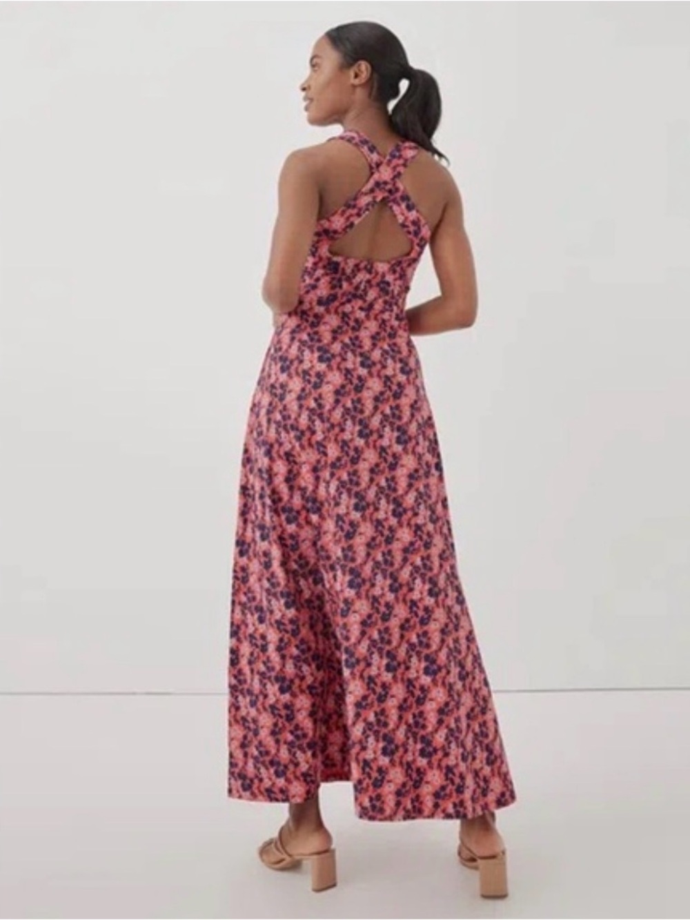 Pact Pink Floral fit and flair Maxi Dress with Crisscross Back